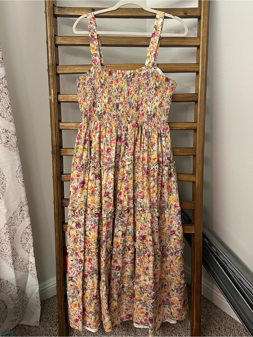 ARULA Floral Smocked Maxi Dress in Pink, Yellow & Green